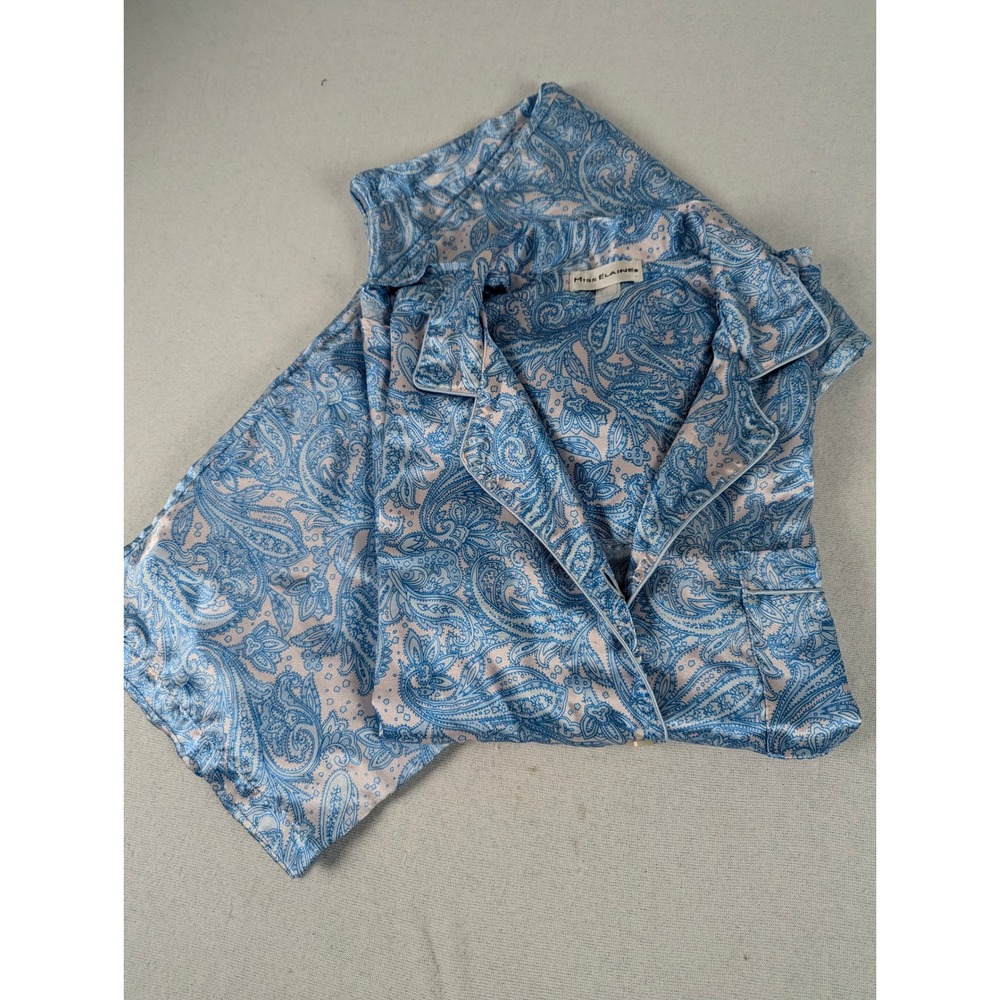 Miss Elaine Blue Paisley Satin Pajama Set Small Long Sleeve Button Up 416247T